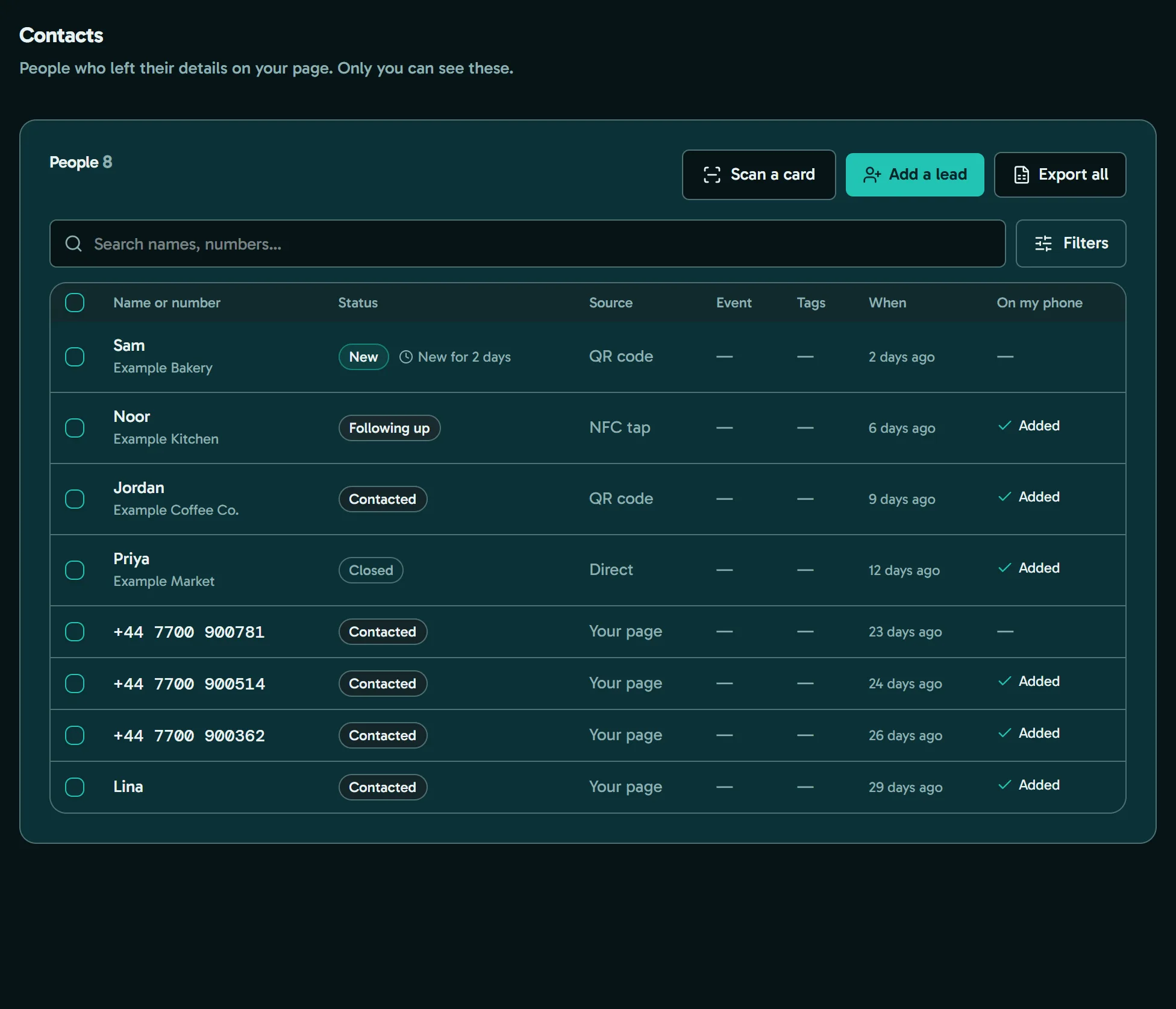 The Leads screen: the people who left their details, each with a status and when they arrived