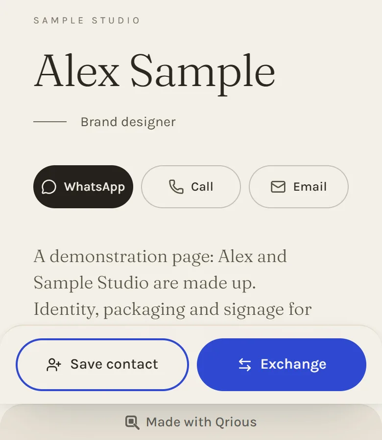 Alex Sample's page on a phone, with Save contact and Exchange at the bottom